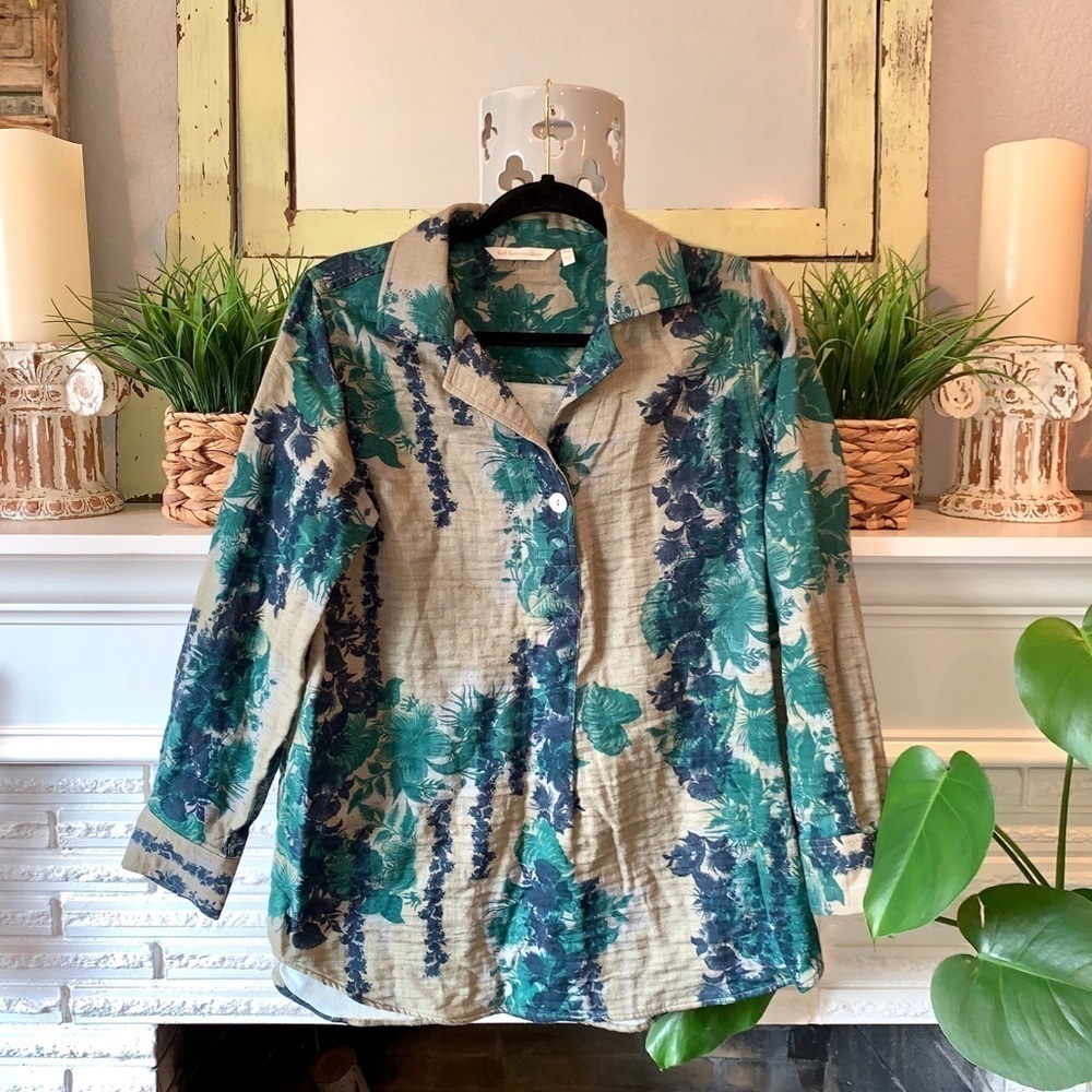 Soft Surroundings Verdure 100% Cotton Gauzy Green Floral Pullover Tunic Top M